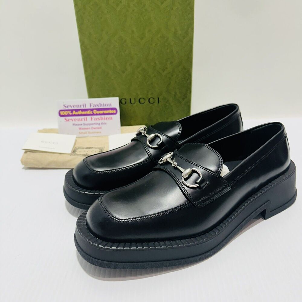 Gucci Horsebit Chunky Loafers Lug Sole Black Leather Shoes G 9/ US 9.5 NIB $990 - Picture 3 of 13